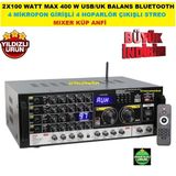 2X100 Watt Max 400 W Usb/Uk Balans Bluetooth 4 Mikrofon Giriş 4 Hoparlör Çıkış Streo Mıxer Küp Amfi