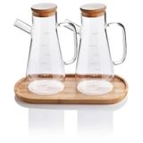 2x900 ML Standlı Cam Yağlık Seti Sütlük Sosluk Vakumlu Bambu Kapaklı Borosilikat