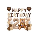 2Yaş Retro Ayıcık Kahverengi Folyolu Balon Happy Birthday Afiş Dekorasyon Doğum Günü Parti Seti Süsü, 4545454111220