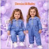3-12 Ay Düğme Detaylı Kot Bebek Tulumu - Mavi - 9 Ay