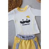 3-6 6-9 9-12 Ay Gentleman Erkek Nakışlı Şapkalı Uzun Kollu Sweat 3lü Erkek Bebek Takımı - Sarı - 3 - 6 Ay