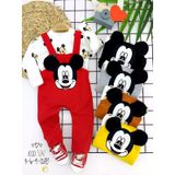 3-6-9-12 Ay Mickey Figürlü Uzun Kollu Baskılı Sweatli 2li Kız Erkek Bebek Salopet Takımı Kırmızı