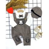 3-6-9-12 Ay Papyonlu Kırçıl Nakış Detaylı Kasket Şapkalı Uzun Kollu 3lü Erkek Bebek Salopet Takımı Bej - 1 Yaş