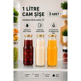 3 Adet 1 Litre Şeffaf Sürahi Süt, Ayran, Su, Limonata, Meşrubat Şişesi Metal Gold Kapaklı Cam Şişe - Metalik Gold - 1,02 lt