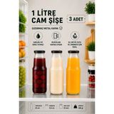 3 Adet 1 Litre Şeffaf Sürahi Süt, Ayran, Su, Limonata, Meşrubat Şişesi Metal Siyah Kapaklı Cam Şişe - 1,02 lt