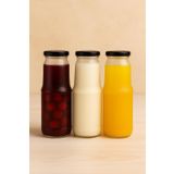 3 Adet 1 Litre Şeffaf Sürahi Süt, Ayran, Su, Limonata, Meşrubat Şişesi Metal Siyah Kapaklı Cam Şişe