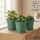 3 Adet 2 Litre Mono Saksı Tabaklı Drenaj Delikli Plastik Çiçek Saksısı - 2L Set - Yeşil