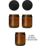 3 Adet 210 ml Cam Kavanoz Amber Mumluk 210 cc Metal Siyah Kapaklı Mum Kavanozu Kahverengi