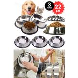 3 Adet 22 Cm Paslanmaz Tasarımıyla Sabit Duran Köpek Mama Kabı Kaymaz Taban Premium Paslanmaz