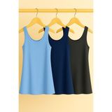 3 Adet A Kesim Büyük Beden Pamuklu Kalın Askılı Atlet Tişört - Mavi - Antrasit - 2XL