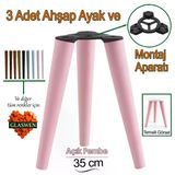 3 Adet Ahşap Ayak 35 cm Açık Pembe M8 Civatalı Bağlantı Aparatlı Mobilya Tabure Sehpa Masa Destek Ayağı