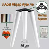 3 Adet Ahşap Ayak 35 cm Beyaz M8 Civatalı Bağlantı Aparatlı Mobilya Tabure Sehpa Masa Destek Ayağı