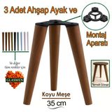 3 Adet Ahşap Ayak 35 cm Koyu Meşe M8 Civatalı Bağlantı Aparatlı Mobilya Tabure Sehpa Masa Destek Ayağı