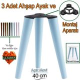 3 Adet Ahşap Ayak 40 cm Açık Mavi M8 Civatalı Bağlantı Aparatlı Mobilya Tabure Sehpa Masa Destek Ayağı