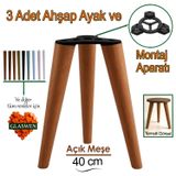 3 Adet Ahşap Ayak 40 Cm Açık Meşe M8 Civatalı Bağlantı Aparatlı Mobilya Tabure Sehpa Masa Destek Ayağı
