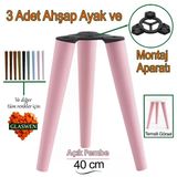 3 Adet Ahşap Ayak 40 cm Açık Pembe M8 Civatalı Bağlantı Aparatlı Mobilya Tabure Sehpa Masa Destek Ayağı