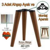 3 Adet Ahşap Ayak 40 cm Koyu Meşe M8 Civatalı Bağlantı Aparatlı Mobilya Tabure Sehpa Masa Destek Ayağı
