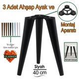 3 Adet Ahşap Ayak 40 cm Siyah M8 Civatalı Bağlantı Aparatlı Mobilya Tabure Sehpa Masa Destek Ayağı
