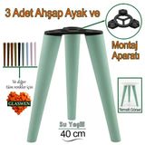 3 Adet Ahşap Ayak 40 cm Su Yeşili M8 Civatalı Bağlantı Aparatlı Mobilya Tabure Sehpa Masa Destek Ayağı