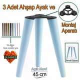 3 Adet Ahşap Ayak 45 cm Açık Mavi M8 Civatalı Bağlantı Aparatlı Mobilya Tabure Sehpa Masa Destek Ayağı