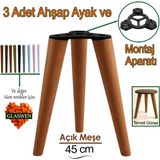 3 Adet Ahşap Ayak 45 cm Açık Meşe M8 Civatalı Bağlantı Aparatlı Mobilya Tabure Sehpa Masa Destek Ayağı