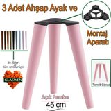 3 Adet Ahşap Ayak 45 cm Açık Pembe M8 Civatalı Bağlantı Aparatlı Mobilya Tabure Sehpa Masa Destek Ayağı - Pembe