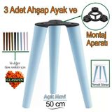 3 Adet Ahşap Ayak 50 cm Açık Mavi M8 Civatalı Bağlantı Aparatlı Mobilya Tabure Sehpa Masa Destek Ayağı
