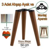 3 Adet Ahşap Ayak 50 cm Koyu Meşe M8 Civatalı Bağlantı Aparatlı Mobilya Tabure Sehpa Masa Destek Ayağı