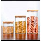 3 Adet Bambu Kapaklı Vakumlu Cam Kavanoz Bakliyat Şeker Çay Saklama Kabı 1300-1100-800ML - Şeffaf
