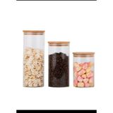 3 Adet Bambu Kapaklı Vakumlu Çizgili Cam Kavanoz Bakliyat Şeker Çay Saklama Kabı 1300-800-500ML - Şeffaf - 1300 ml