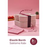 3 Adet Elastik Bantlı Istiflenebilir Pratik Saklama Kabı Seti 2X(1100 Ml) 1X(2600 Ml) Pembe