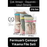 3 Adet Farklı Boy Çamaşır Yıkama Filesi Torba Seti Renkli Fermuarlı Kirli Temiz Sütyen Iç Çamaşırı