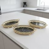 3 Adet Gold Renk Mermer Desen Metal Çerçeveli Cam Nişan-Servis Tepsi Seti – 28×19 cm - 28 cm