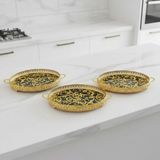 3 Adet Gold Renk Vav Desen Metal Çerçeveli Cam Nişan-Servis Tepsi Seti – 28×19 cm - 28 cm
