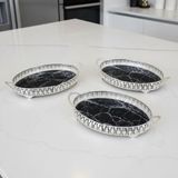 3 Adet Gümüş Renk Mermer Desen Metal Çerçeveli Cam Nişan-Servis Tepsi Seti - 28X19 cm - 28 x 20 cm