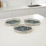 3 Adet Gümüş Renk Vav Desen Metal Çerçeveli Cam Nişan-Servis Tepsi Seti – 28×19 cm - Gümüş - Siyah