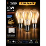 (3 Adet) Heka 10W Günışığı (3000K) E27 Duylu Dim Edilebilir Led Rustik Ampul