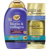 3 Adet Ogx Biotin ve Collagen Dolgunlaştırıcı Şampuan + Argan Oil Of Morocco Saç Bakım Yağı Set 1 Adet