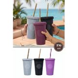 3 Adet Pipetli Kapaklı Opak Bardak 660 Ml, Smoothie Meşrubat İçecek Bardağı Mor-Gri-Siyah 3’Lü Set