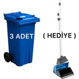 3 Adet Plastik Çöp Konteyneri Çöp Kovası 120 Lt Isıya Karşı Dayanıklı Kapaklı Faraş Hediyeli - Mavi