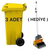 3 Adet Plastik Çöp Konteyneri Çöp Kovası 120 Lt Isıya Karşı Dayanıklı Kapaklı Faraş Hediyeli - Sarı