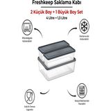 3 Adet Saklama Kabı (1 Büyük-2 Orta Boy) 4 Litre + 1,3 Litre Derin Dondurucu Mikrodalga Uyumlu - Gri