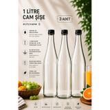 3 Adet Şerbetlik Siyah Plastik Kapaklı Cam Şişe 1 Litre Şeffaf Sürahi Süt, Ayran, Su, Limonata Meşrubat Şişesi