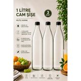 3 Adet Siyah Plastik Kapaklı Cam Şişe 1 Litre Şeffaf Sürahi Süt, Ayran, Su, Limonata Meşrubat Şişesi