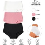 3 Adet Yüksek Bel Basic Lazer Kesim Bikini Külot - Beyaz - Pembe - Siyah - 2XL