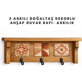 3 Askılı Doğaltaş Dekorlu Ahşap Duvar Düzenleyici–giriş Holü Anahtarlığı, Mutfak ve Banyo Duvar Rafı