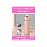 3 Bardaklı Soğuk Sıcak Termos Vakumlu Termos Set Çanta Hediyeli Paslanmaz Çelik 550 ml - 500 ml - Pembe
