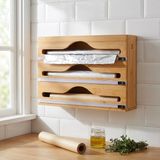 3 Bölmeli Doğal Bambu Folyoluk ve Streç Film Kesici Organizer - Sürgülü Bıçaklı Çekmece Içi Düzenleyici Pişirme Kağıdı ve Alüminyum Folyo Standı Mutfak Organizeri (35,5 x 22 x 7 Cm)