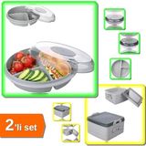 3 Bölmeli Kapaklı Pratik Kahvaltılık + 2 Katlı Kapaklı Saklama Beslenme Diyet Kabı - 2li Set V2V0M3