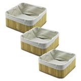 3 Boy Kare Bambu Kenar Organizer Sepet Ahşap Altlık - Bezli 17X17-21X21-26X26cm (2818)